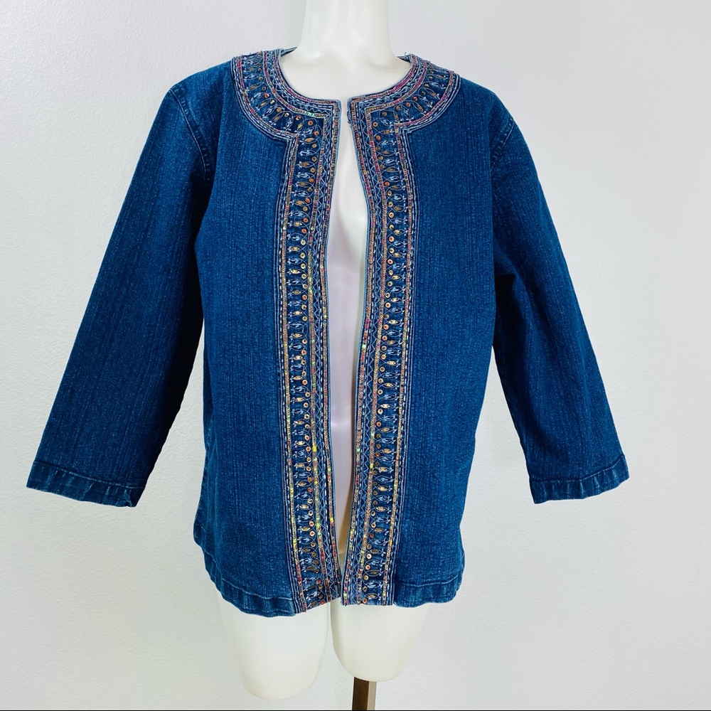 Blutique Embroidered Beaded Denim Blazer Jacket large